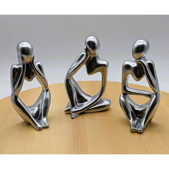 The Thinker Trio Shiny Silver Colored Figurines from Resin Handmade NEW - Picture 1 of 10